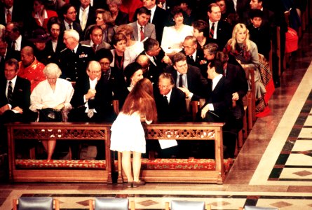 An attendant at the National Prayer Service converses with Billy Graham