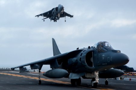 An AV-8B prepares to land aboard USS Boxer. (8596676549)