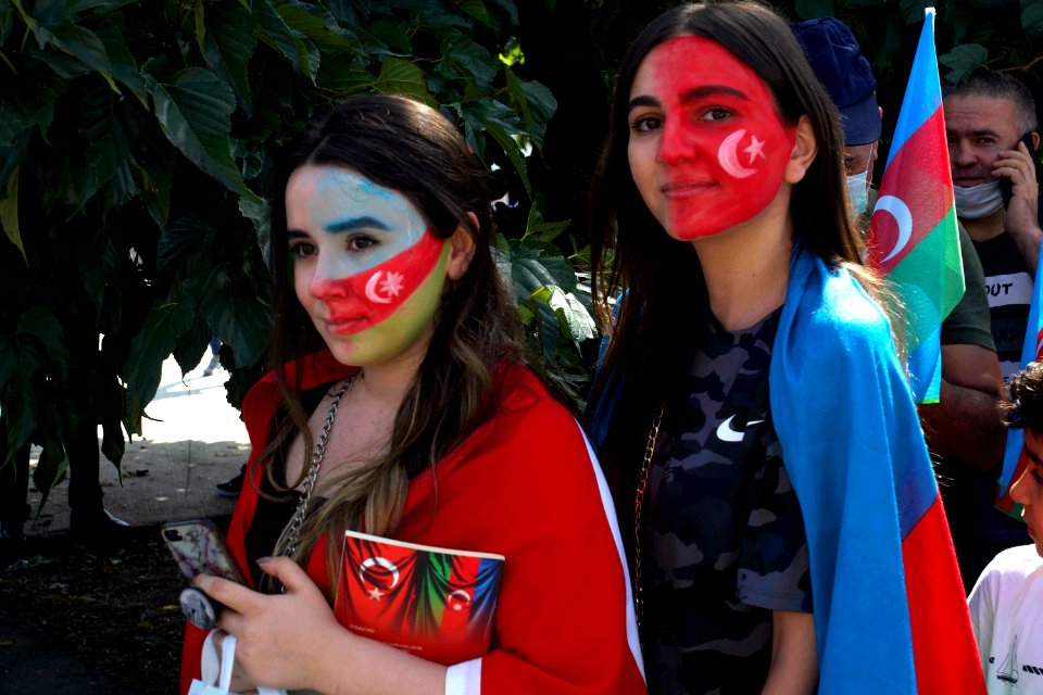 An Azerbaijani and Turkish girl demonstrating support for Azerbaijan in the 2020 Nagorno-Karabakh conflict