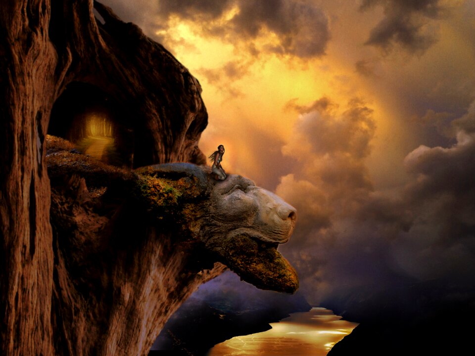 Fantasy lion head statue