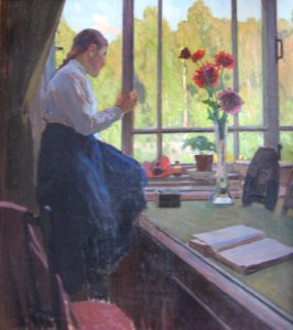Daughter Tanya on a Windowsill by Aleksey Korin (1912)