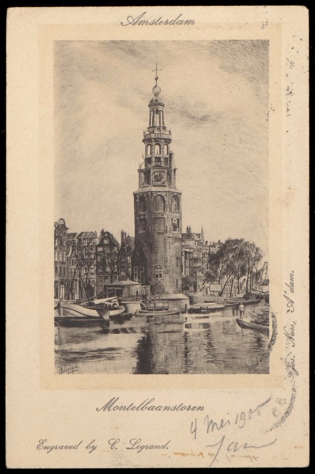 De Montelbaenstoren met v.l.n.r. de Oudeschans, Binnenkant, Kalkmarkt en Prins Hendrikkade, Afb PBKD00229000002
