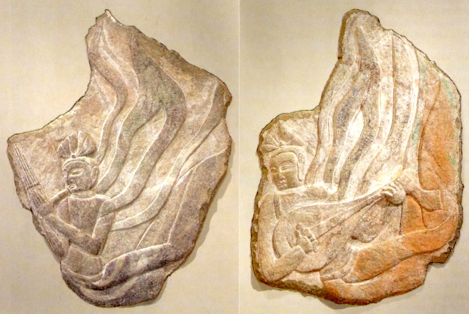 Apsaras playing a 'sheng' (left) and a 'pipa' (right), Chinese, Northern Qi Period