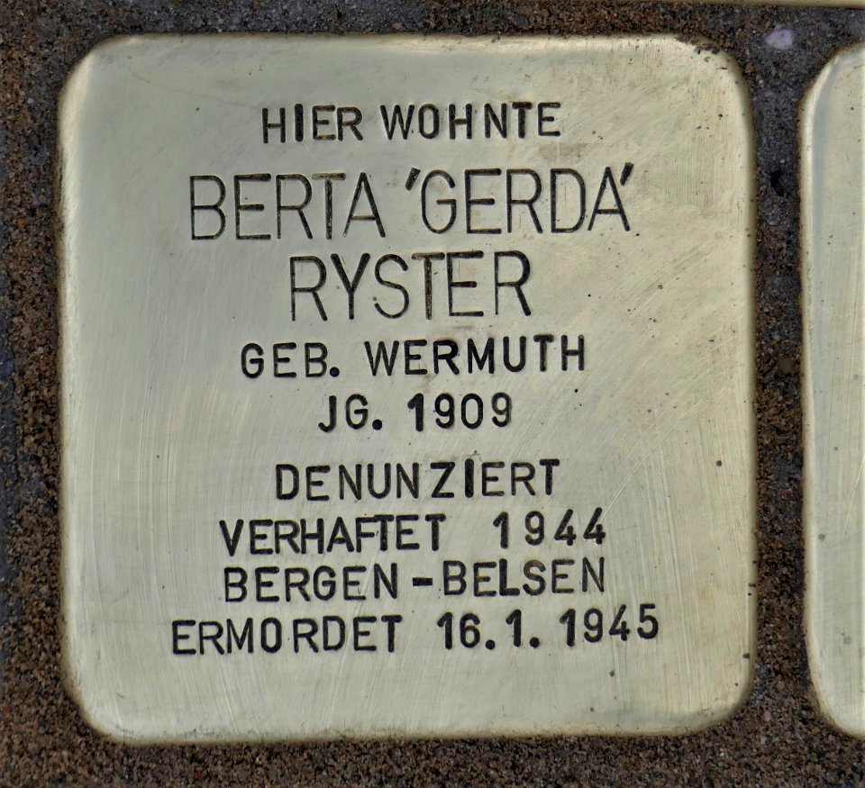 Stolperstein für Berta Ryster, Andreas-Schubert-Straße-Strehlener Straße, Dresden