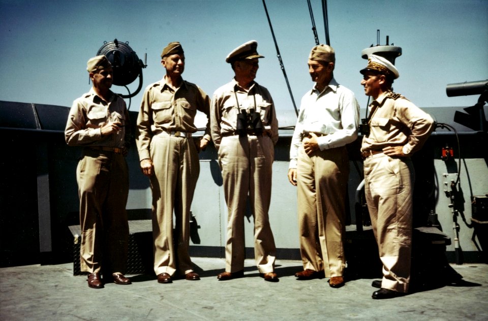 80-G-K-2018 Senior Officers on the bridge of USS CATOCTIN (AGC-5)