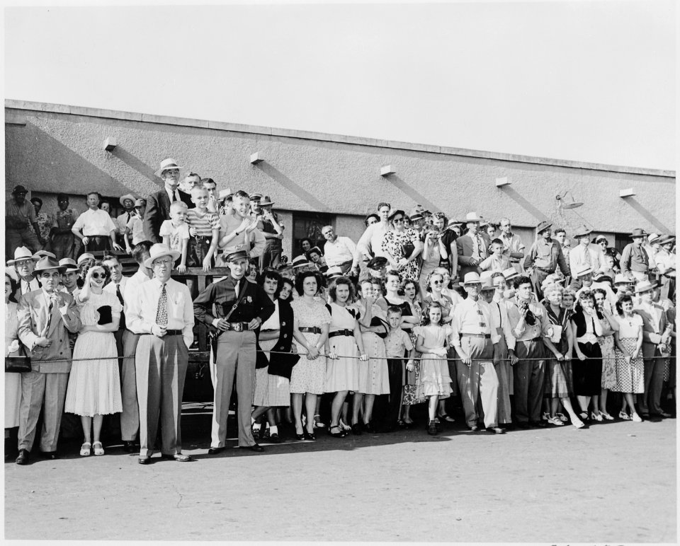 A crowd of people gathered at the train station at Bolivar, Missouri, waiting to see President Harry S. Truman, who... - NARA - 199889