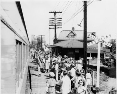 A crowd gathered at a railroad station, perhaps that at Bolivar, Missouri, to greet the presidential train. President... - NARA - 199880