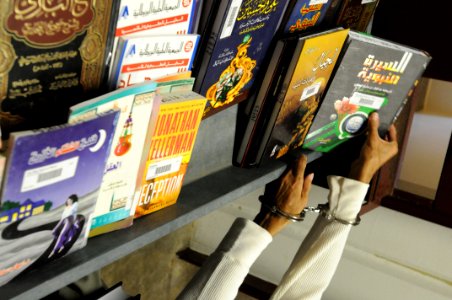 A detainee looks through books offered to him from the detainee library in Camp Five DVIDS368272