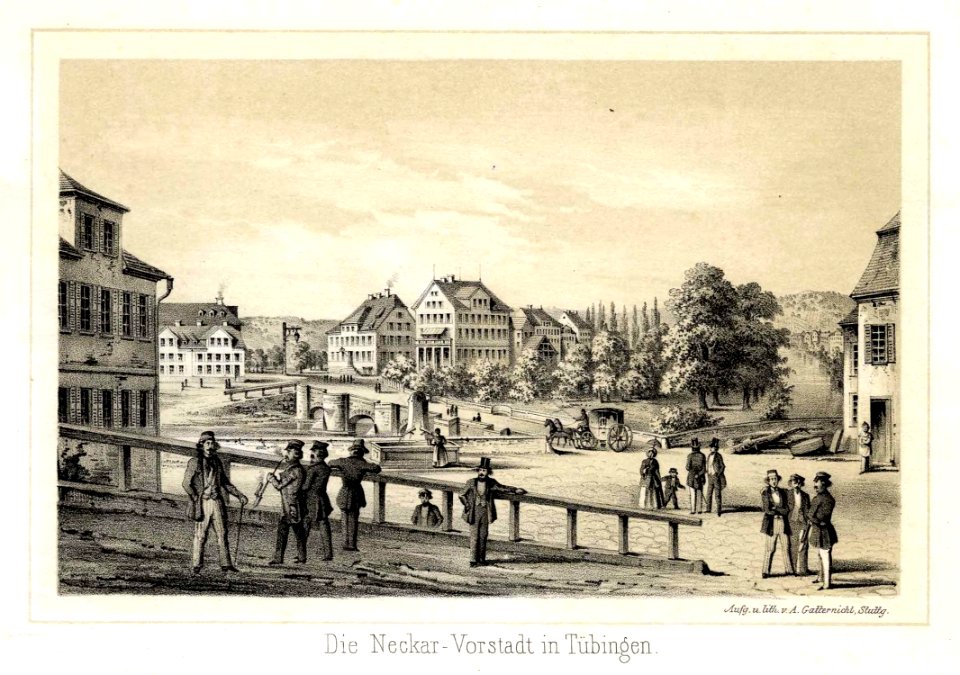 A Gatternicht - Bilick auf die Neckarvorstadt Kreidelithographie 1857