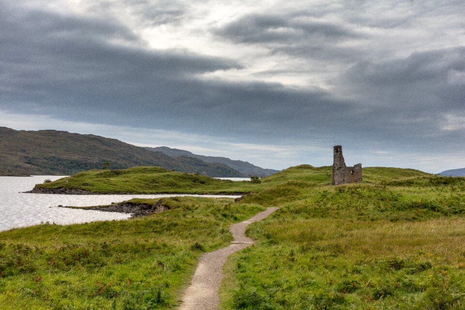 Church ruins lake landscape
