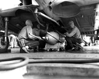 Arming of a SBD-3 Dauntless of VS-6 on USS Enterprise (CV-6) on 7 August 1942 (80-G-10458)