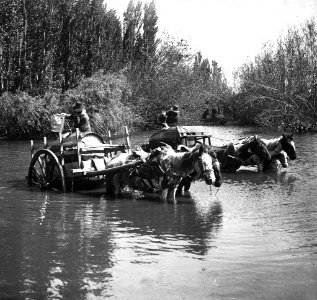 C37f371. Carretas de aguateros cargando agua en un arroyo