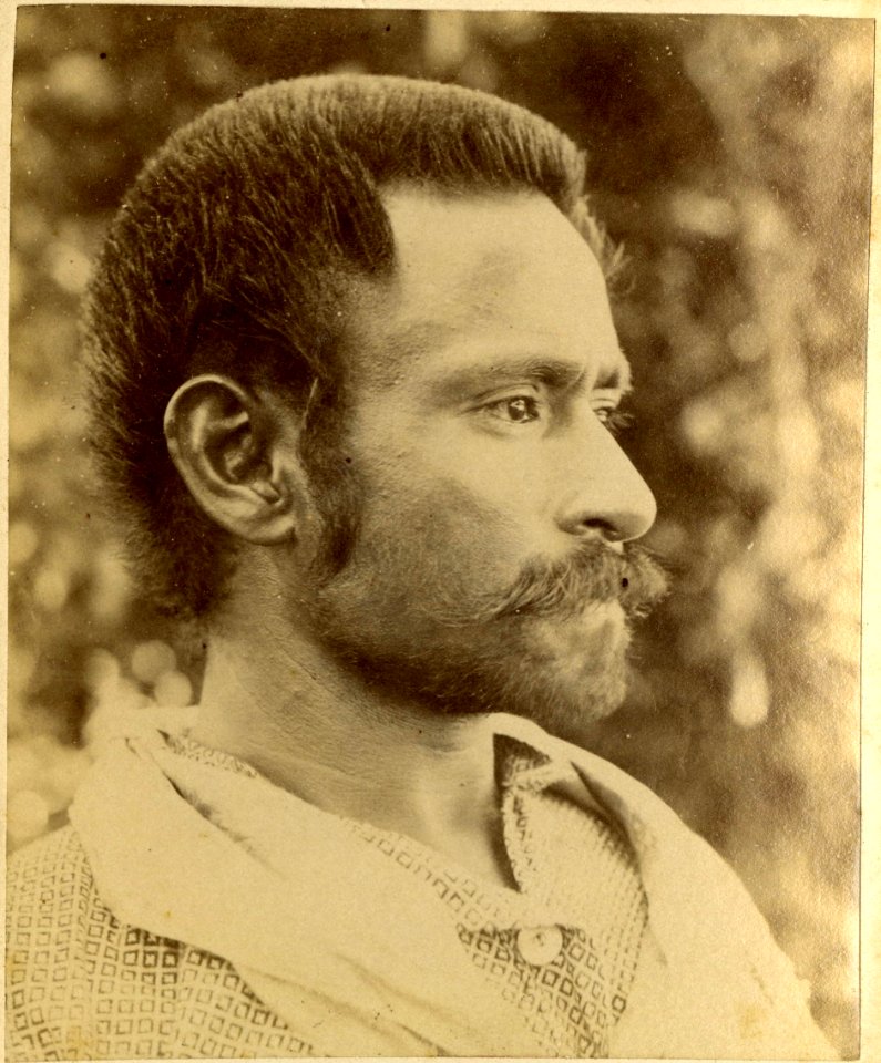 Cabinet card; portrait of a man in profile with a moustache, wearing a shirt and a piece of cloth draped around his neck; Polynesia. Albumen print. Oc,B43.16, British Museum