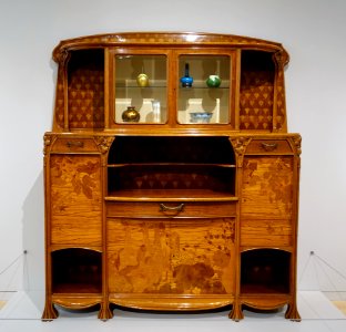 Cabinet by Louis Majorelle, c. 1900-1910, mahogany, oak, walnut, exotic hardwoods, bronze, with vases by Louis Comfort Tiffany, 1893-1920, favrile glass - Dallas Museum of Art - DSC05268 photo