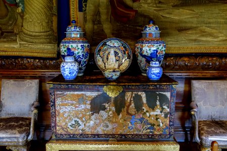 Cabinet of Chinese Coromandel lacquer, with ceramics - State Drawing Room, Chatsworth House - Derbyshire, England - DSC03185 photo
