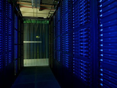 Cable racks at grid computing center, Fermilab with blue lights