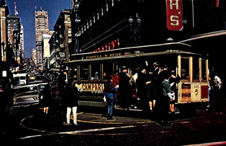 Cable car on the Powell and Market turntable in San Francisco, California (USA), in early 1967