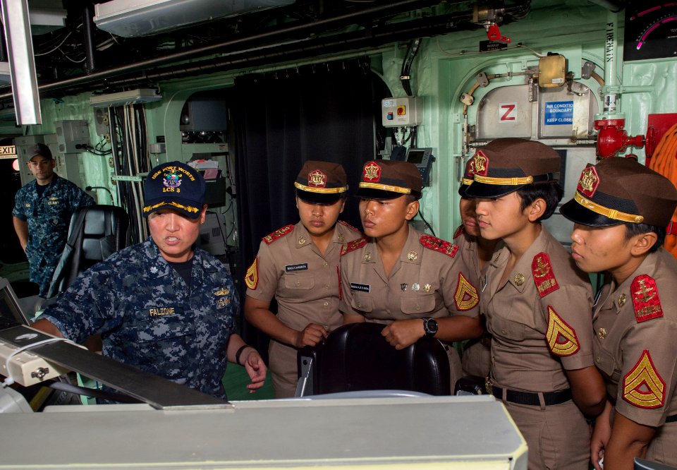 Cadets from the Indonesian navy tour USS Fort Worth. (20186304840)