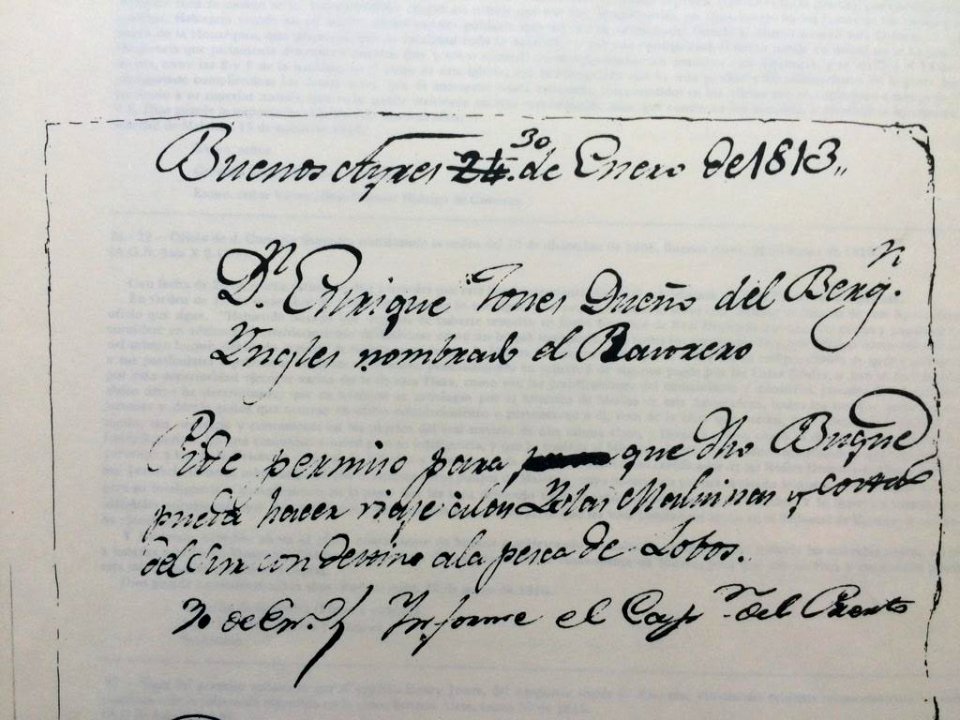 Capitán británico pidiendo a rioplatenses persimo para caza en Malvinas 1813