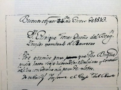 Capitán británico pidiendo a rioplatenses persimo para caza en Malvinas 1813