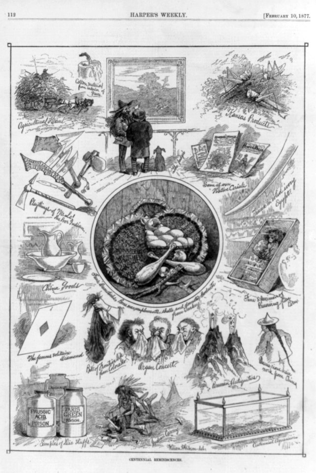 Centennial reminiscences (caricature of vignette scenes from 1876 Phila. Centennial expo., including Indian carrying (scalping scene), bits of frontier life... (handful of scalps) and LCCN99614238