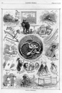Centennial reminiscences (caricature of vignette scenes from 1876 Phila. Centennial expo., including Indian carrying (scalping scene), bits of frontier life... (handful of scalps) and LCCN99614238