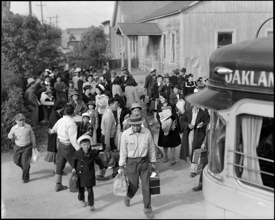 Centerville, California. The bus has just arrived and these farm families of Japanese ancestry are . . . - NARA - 537582