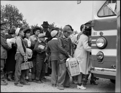 Centerville, California. Members of farm family board evacuation bus. Evacuees of Japanese ancestr . . . - NARA - 537584