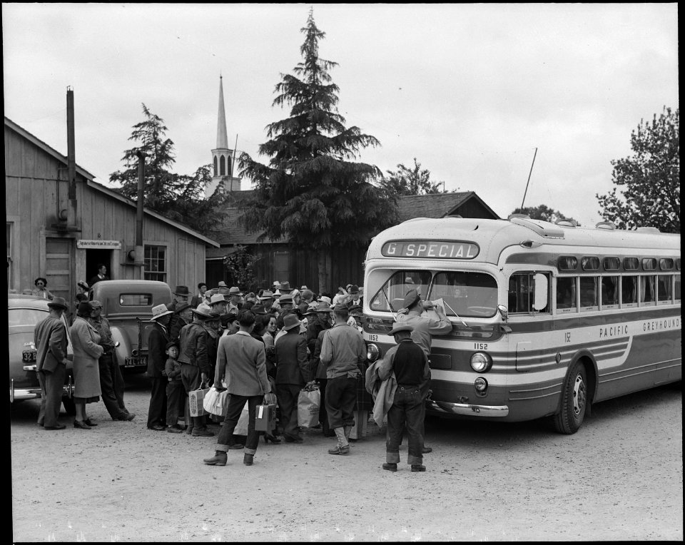 Centerville, California. the bus has just arrived and these farm families of Japanese ancestry are . . . - NARA - 537586