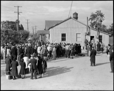Centerville, California. Members of farm families await evacuation bus. Farmers and other evacuee . . . - NARA - 537578 photo