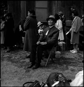 Centerville, California. A grandfather awaits evacuation bus. Evacuees of Japanese ancestry will b . . . - NARA - 537566 photo