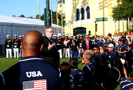 Deputy Secretary of Defense speaks to members of the 2016 Invictus Games Team U.S. before the opening ceremony