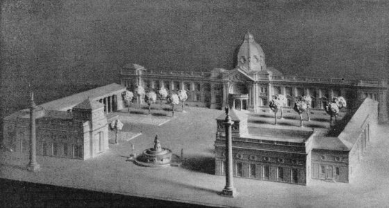 Der Düsseldorfer Kunstpalast und seine geplanten Vorbauten (1914) mit Brunnen und Siegessäulen vor dem Ausstellungspalast