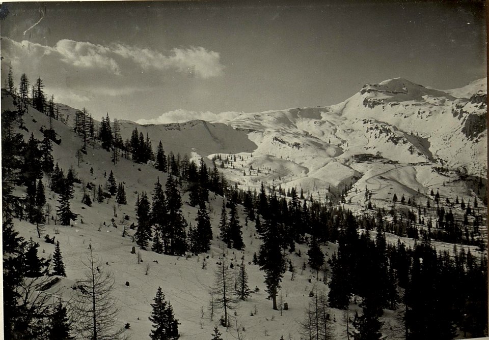 Der Kessel der Rattendorferalm. Links eigene Infanteriestellung. Rechts im Nebel der Hochwipfel. (2185) Standpunkt, Von Osten bei der Artilleriestellung auf dem sogenannten Lärchboden zwischen Kote 18 (BildID 15467843)