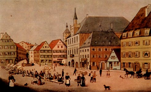Der Marktplatz in Pforzheim mit altem Rathaus um 1863 (Gemälde von Wilhelm Berggötz)