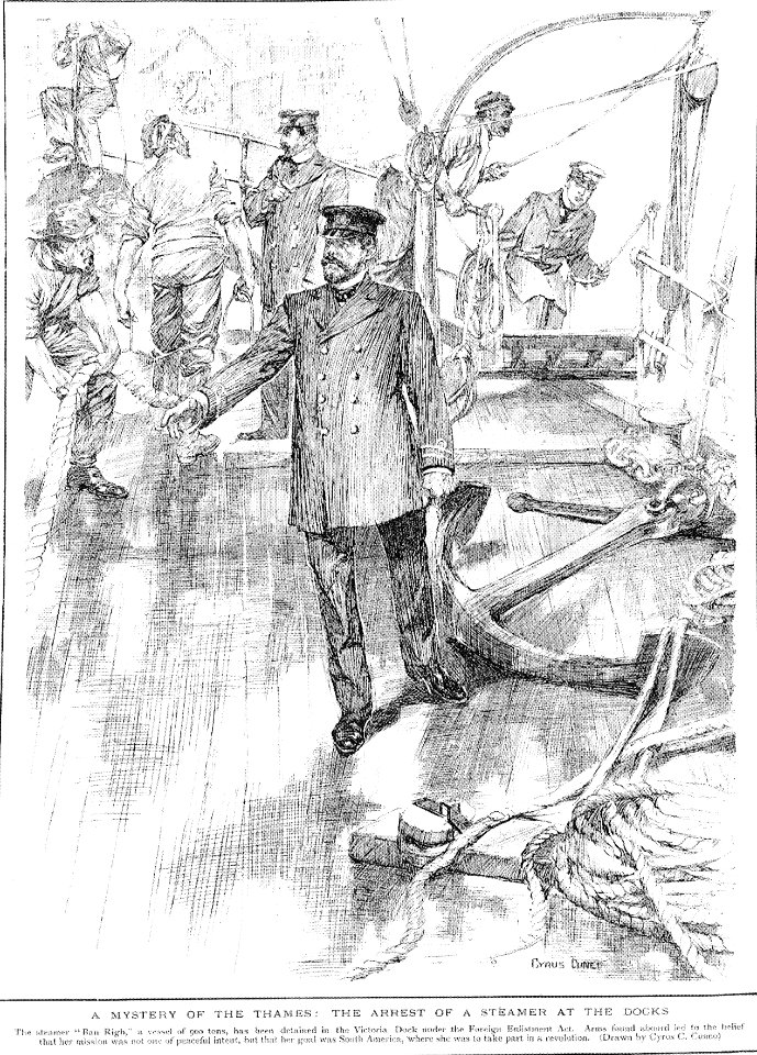 Der britische Dampfer BAN RIGH wird 1901 von den Behörden in London nach Waffen durchsucht. Zeitgenössische Darstellung