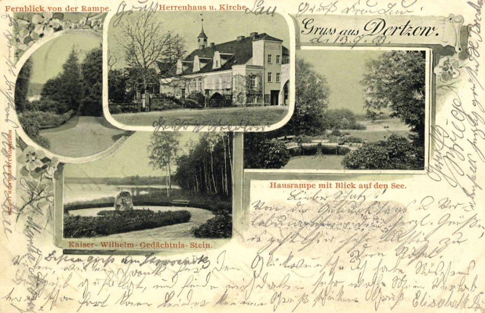 Dertzow, Ostbrandenburg - Fernblick von der Rampe; Herrenhaus und Kirche; Kaiser-Wilhelm-Gedächtnis-Stein (Zeno Ansichtskarten)