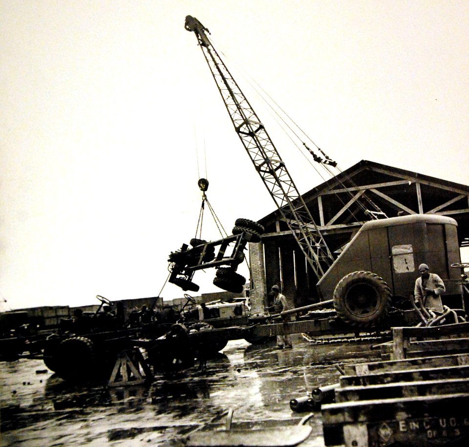 Derrick moving truck chassis at assembly plant in Iran, Lend-Lease supplies for Soviet Union, WWII (25132806615)