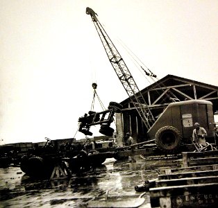 Derrick moving truck chassis at assembly plant in Iran, Lend-Lease supplies for Soviet Union, WWII (25132806615)
