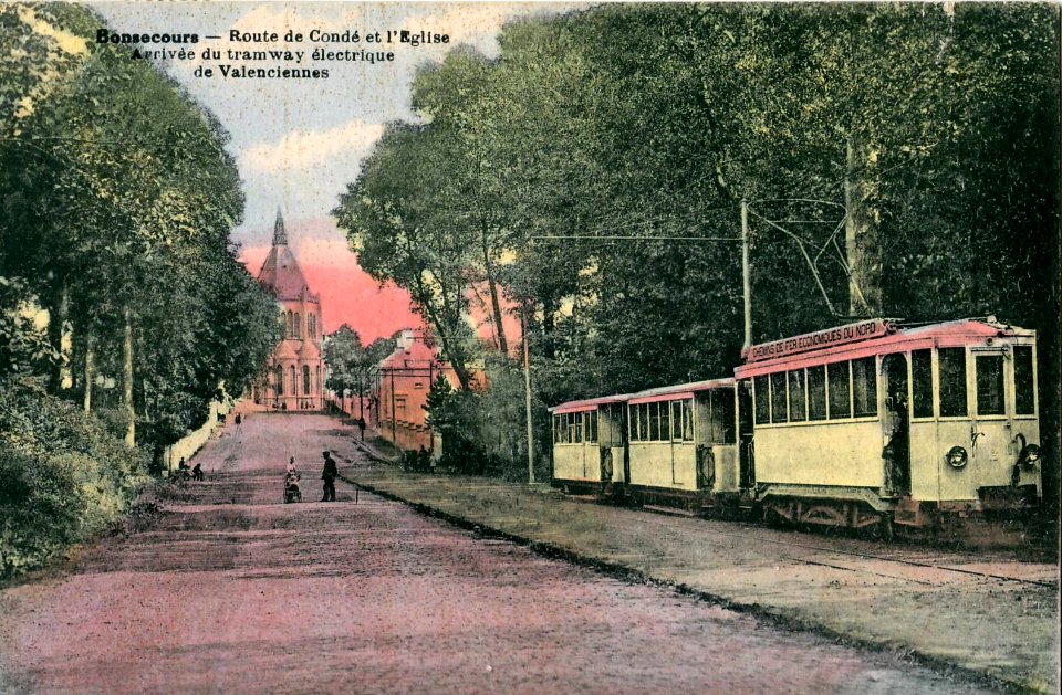 DESAIX - BONSECOURS - Route de Condé et l'Eglise - Arrivée du Tramway électrique de Valenciennes