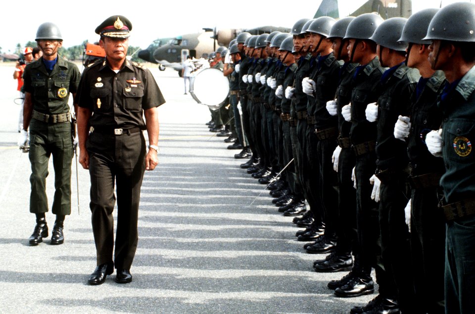 General Saiyud Kerdphol, Supreme Commander of the Royal Thai Armed Forces, reviews the troops at the opening ceremony for Operation MITRAPAB