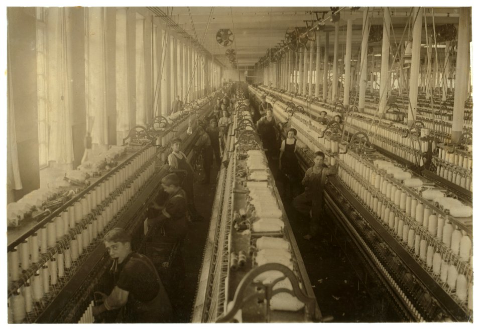 General view of the spinning room, Cornell Mill, showing some of the young boys and girls employed there. See names on other photo. Cornell Mill. LOC cph.3b32759