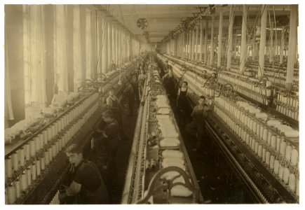 General view of the spinning room, Cornell Mill, showing some of the young boys and girls employed there. See names on other photo. Cornell Mill. LOC cph.3b32759