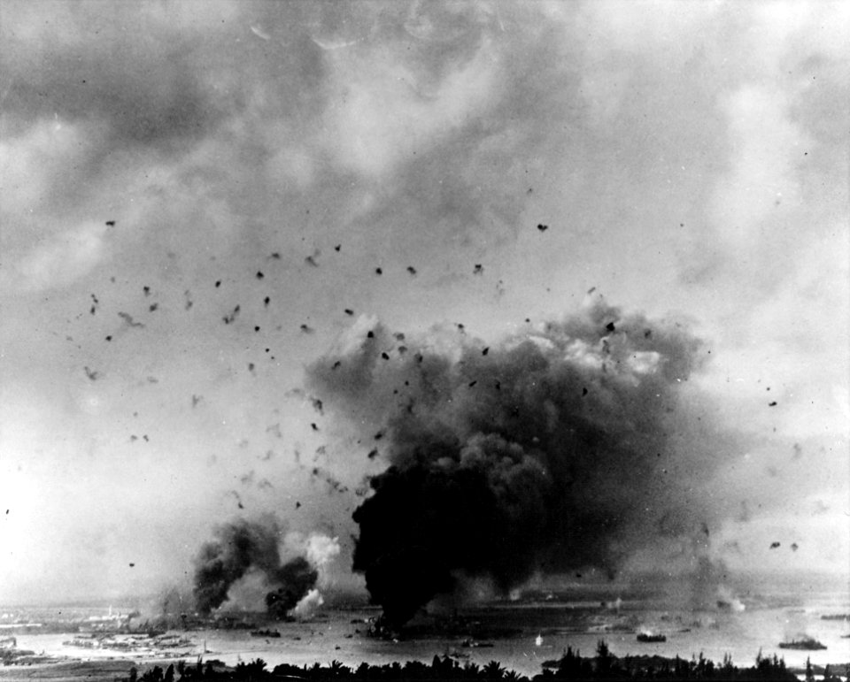General view of Pearl Harbor during the Japanese attack 1941