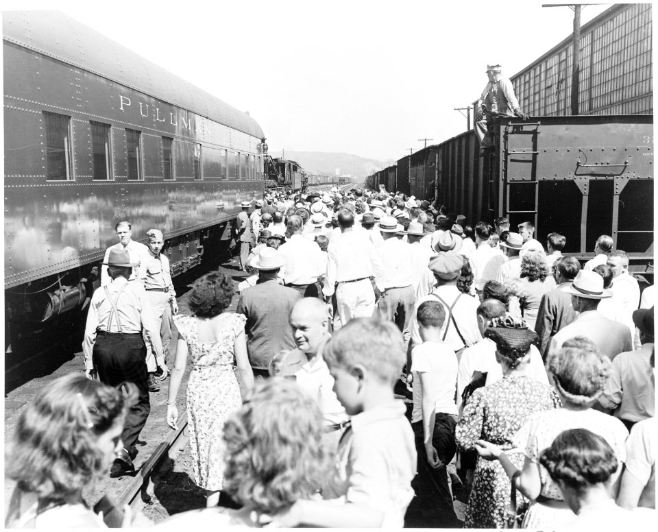 General view of the crowd at the train station greeting President Truman's train on its way to Bolivar, Missouri so... - NARA - 199877