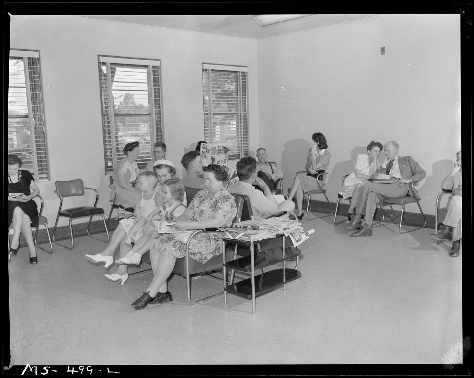 General waiting room in company owned hospital. Families of miners as well as the miners themselves receive medical... - NARA - 540450