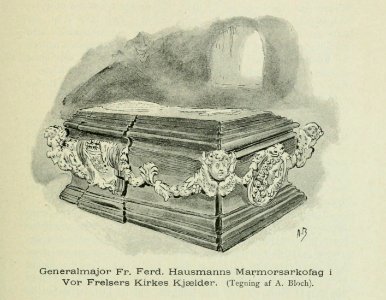 Generalmajor Fr. Ferd. Hausmanns Marmorsarkofag i Vor Frelsers Kirkes Kjælder. (Tegning af A. Bloch). - Gamle Christiania-Billeder (1893) - 0251.1 photo