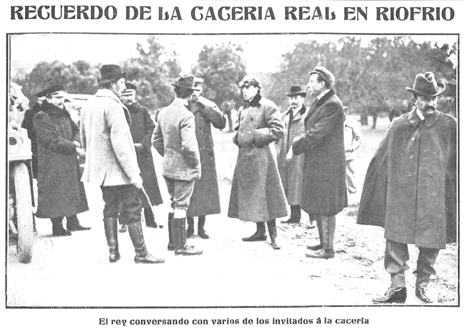 El rey conversando con varios de los invitados á la cacería, de Campúa, Nuevo Mundo, 26-10-1905