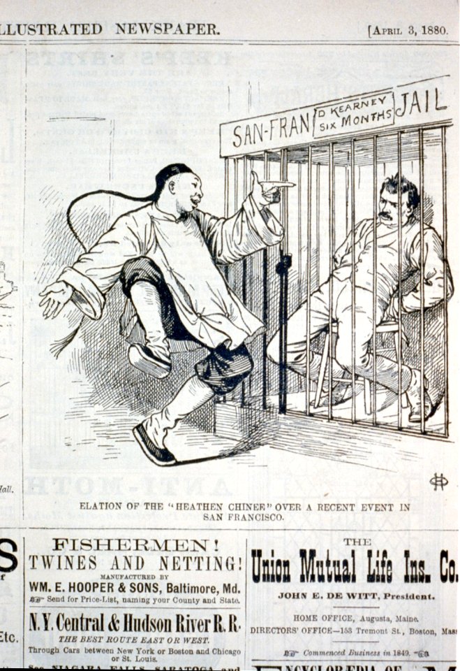 Elation of the heathen Chinee over a recent event in San Francisco (caricature of a Chinese man pointing and laughing at Denis Kearney in San Francisco jail) LCCN2001696528