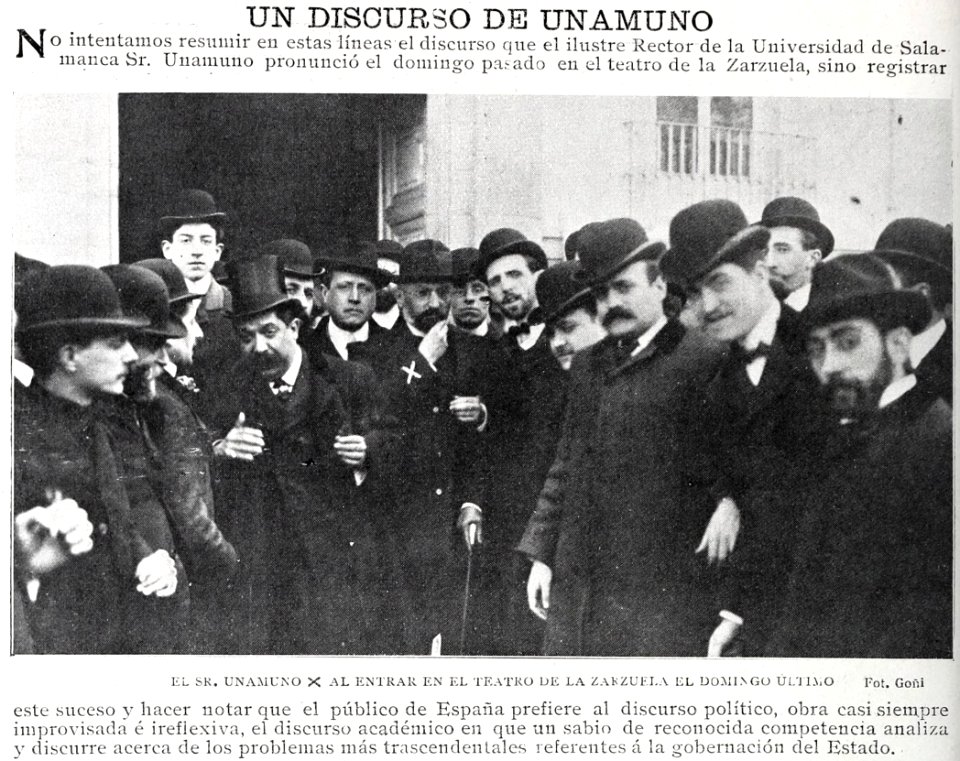 El sr. Unamuno al entrar en el teatro de la Zarzuela el domingo último por Goñi